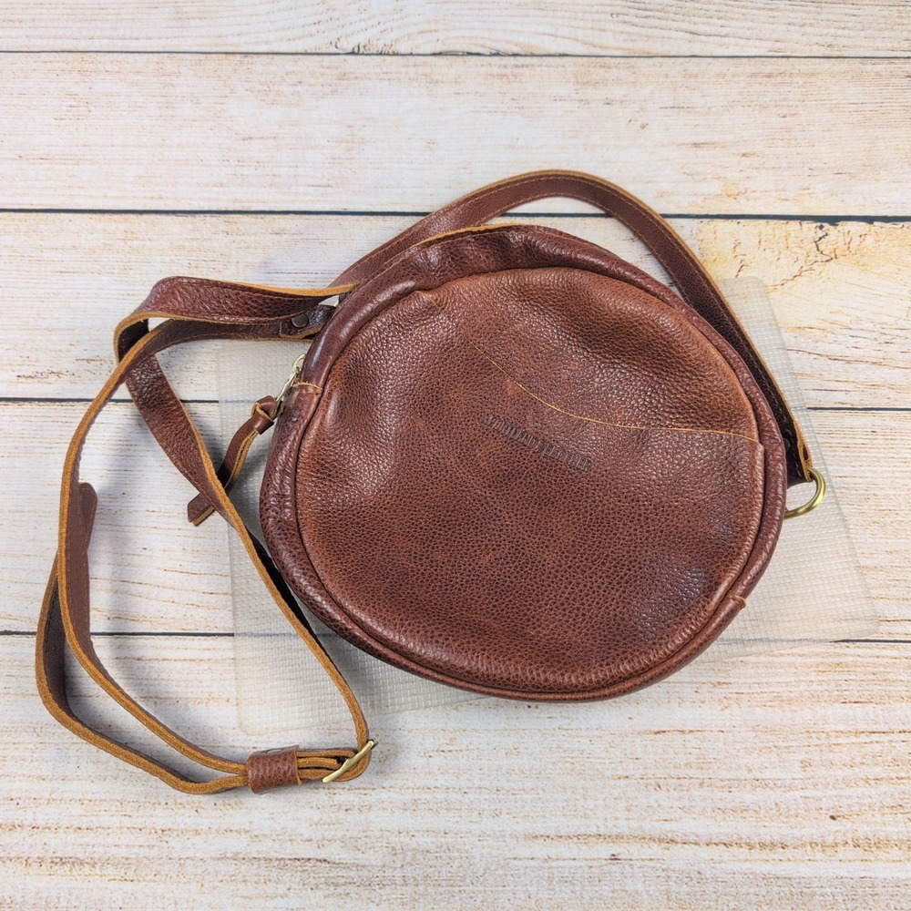 Portland Leather Goods Circle Crossbody Bag Cognac Brown Pebbled Leather Round